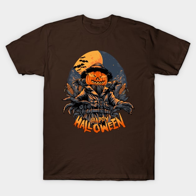 Happy Halloween Smiling Pumpkin ScareCrow Character T-Shirt by sgmerchy